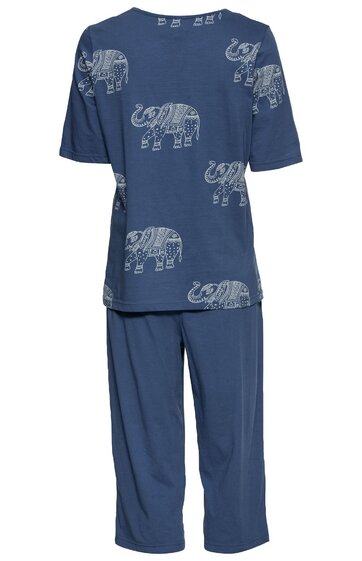 Blaues Schlafanzug-Set, kurzärmeliges Oberteil mit rundem Hals, kurze Hosen, beidseitig bedruckt mit weißen, stilisierten Elefanten, lockere Passform