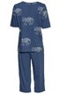Blaues Schlafanzug-Set, kurzärmeliges Oberteil mit rundem Hals, kurze Hosen, beidseitig bedruckt mit weißen, stilisierten Elefanten, lockere Passform