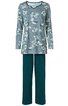 Zweiteiliges Damen-Schlafanzug-Set, Oberteil taubenblau mit großen weißen und hellblauen Blumenmustern, Rundhalsausschnitt, lange Ärmel, Hose einfarbig dunkelgrün, gerade geschnitten
