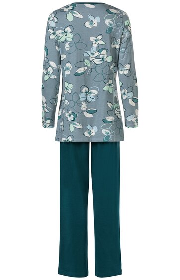 Zweiteiliger Schlafanzug mit langärmeligem Oberteil und langer Hose, Oberteil hellpetrol mit großflächigem weißen und dunkelpetrolfarbenen Blumendesign, Rundhalsausschnitt, gerade geschnitten, Hose unifarben dunkelpetrol, gerade geschnitten