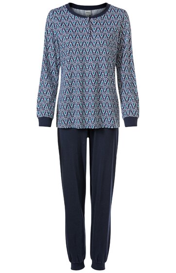 Zweiteiliger Schlafanzug, Oberteil blau mit weißem Zickzackmuster, Rundhalsausschnitt, lange Ärmel, dunkelblaue Bündchen, dunkelblaue lange Hose mit elastischem Saum