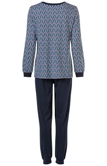 Zweiteiliges Pyjama-Set, Oberteil mit blauem V-Muster auf hellblauem Grund, langer Ärmel, Rundhalsausschnitt, blaue Bündchen, dunkelblaue lange Hose mit engem Beinabschluss
