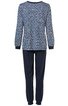 Zweiteiliges Pyjama-Set, Oberteil mit blauem V-Muster auf hellblauem Grund, langer Ärmel, Rundhalsausschnitt, blaue Bündchen, dunkelblaue lange Hose mit engem Beinabschluss