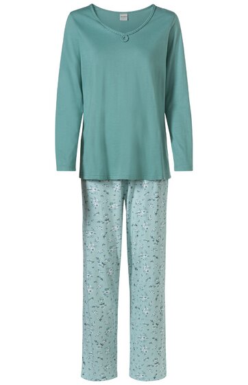 Zweiteiliger Schlafanzug, Oberteil türkis, langärmlig, Rundhalsausschnitt mit Knopfdetail, Hose helltürkis mit kleinem dunklem Muster, gerade geschnitten