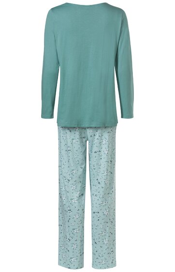 Zweiteiliger Pyjama in grün und hellblau, Oberteil einfarbig grün mit langen Ärmeln, Hose hellblau mit kleinem schwarzen Sternenmuster, gerade geschnitten, hinten gezeigt