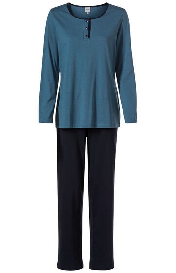Damenpyjama in petrolblaues Langarmshirt mit Rundhalsausschnitt und Knopfleiste, gerade geschnitten, kombiniert mit schwarzen, geraden langen Hosen