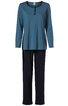 Damenpyjama in petrolblaues Langarmshirt mit Rundhalsausschnitt und Knopfleiste, gerade geschnitten, kombiniert mit schwarzen, geraden langen Hosen
