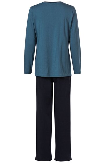 Zweiteiliges Schlafanzug-Set, oberteil in petrolblau, langärmelig, rundhalsausschnitt, gerade geschnitten, hose in schwarz, lang, gerade geschnitten