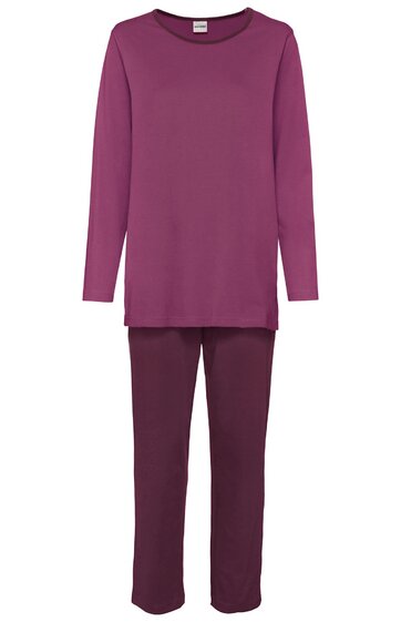 Lila Pyjama Set, langärmliges Oberteil mit Rundhalsausschnitt, gerade geschnitten, lange Hose mit geradem Bein, einfarbig