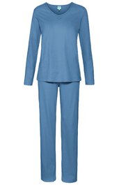 Hellblauer Pyjama zweiteilig, langärmliges Oberteil mit V-Ausschnitt und Knopfdetail, lange gerade geschnittene Hose