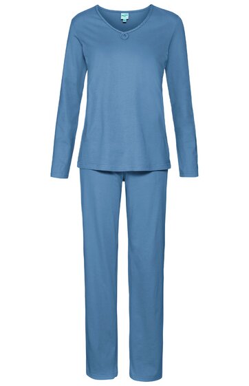 Hellblauer Pyjama zweiteilig, langärmliges Oberteil mit V-Ausschnitt und Knopfdetail, lange gerade geschnittene Hose