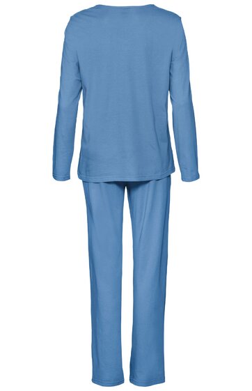 Hellblauer Pyjama, langärmliges Oberteil mit rundem Ausschnitt, lange Hose mit geradem Schnitt, schlichter unifarbener Stoff, Rückenansicht