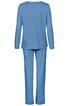 Hellblauer Pyjama, langärmliges Oberteil mit rundem Ausschnitt, lange Hose mit geradem Schnitt, schlichter unifarbener Stoff, Rückenansicht