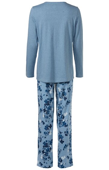 Zweiteiliger Schlafanzug, Oberteil hellblau, langärmelig, rundhals, Hose hellblau mit dunkelblauem Blumenmuster, gerade geschnitten