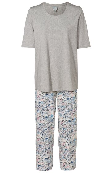 Zweiteiliger Schlafanzug, graues kurzärmeliges Oberteil mit Rundhalsausschnitt, lange weiße Hose mit blauem und rosafarbenem Paisleymuster