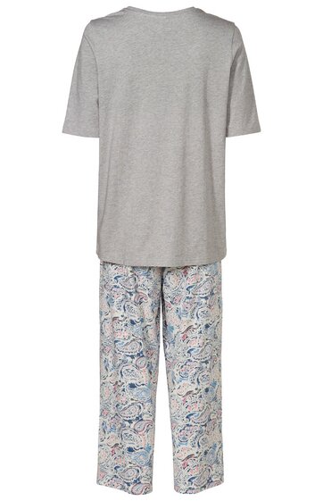 Zweiteiliger Schlafanzug mit grauem kurzärmligem Oberteil ohne Muster, lockere Passform, lange Hose mit mehrfarbigem Paisleymuster, gerade geschnitten, von hinten gezeigt