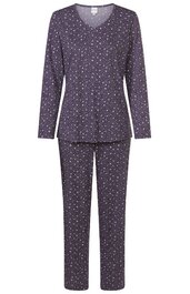 Dunkellila Pyjama mit weißen kleinen Punkten, langärmliges Oberteil mit Rundhalsausschnitt, lange gerade Hose
