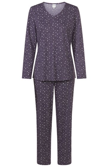 Dunkellila Pyjama mit weißen kleinen Punkten, langärmliges Oberteil mit Rundhalsausschnitt, lange gerade Hose