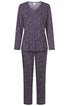 Dunkellila Pyjama mit weißen kleinen Punkten, langärmliges Oberteil mit Rundhalsausschnitt, lange gerade Hose