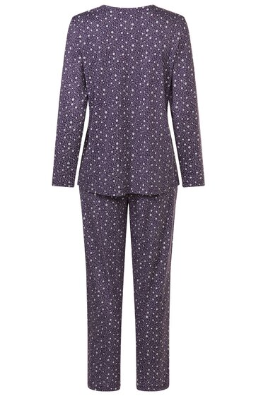 Lila Pyjama mit weißen, kleinen Sternen, langärmliges Oberteil mit Rundhalsausschnitt, gerade geschnittene Hose, lang, bequem geschnitten