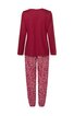 Rotes Pyjama-Set, langärmliges Oberteil ohne Muster, lange Hose mit rotem Blumenmuster, gerade geschnitten, hinten gezeigt