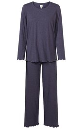 Dunkelblauer Pyjama, Oberteil mit langem Arm und Rundhalsausschnitt, gerade geschnitten, Hose mit geradem Bein, Abschluss der Ärmel und Hosenbeine mit Wellenkante