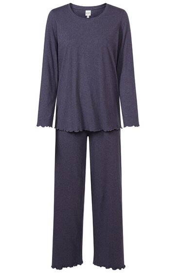 Dunkelblauer Pyjama, Oberteil mit langem Arm und Rundhalsausschnitt, gerade geschnitten, Hose mit geradem Bein, Abschluss der Ärmel und Hosenbeine mit Wellenkante