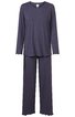 Dunkelblauer Pyjama, Oberteil mit langem Arm und Rundhalsausschnitt, gerade geschnitten, Hose mit geradem Bein, Abschluss der Ärmel und Hosenbeine mit Wellenkante