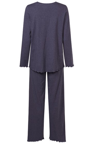 Dunkelblauer Zweiteiler bestehend aus langärmligem Oberteil und Hose, einfarbig, mit wellenförmigen Abschlüssen an Ärmeln, Saum und Hosenbeinen, locker geschnitten