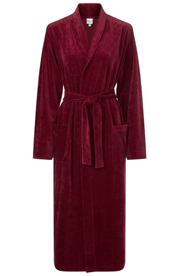 Bademantel in burgunderrot, einfarbig, langer Schnitt, mit Kragen, Gürtel zum Binden, zwei aufgesetzte Taschen vorne