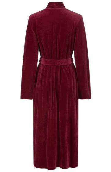 Dunkelroter Bademantel, einfarbig, langer Schnitt, langer Ärmel, Stehkragen, Taillengürtel, Rückansicht