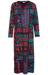 Langärmliges, knöchellanges Kleid in Schwarz mit buntem geometrischem und floralen Muster, Rundhalsausschnitt, durchgehend geknöpft, gerade geschnitten