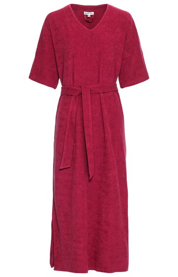 Rotes Kleid mit V-Ausschnitt, halblangen Ärmeln, Stoffgürtel in der Taille, knöchellang, schmaler Schnitt, seitliche Schlitze