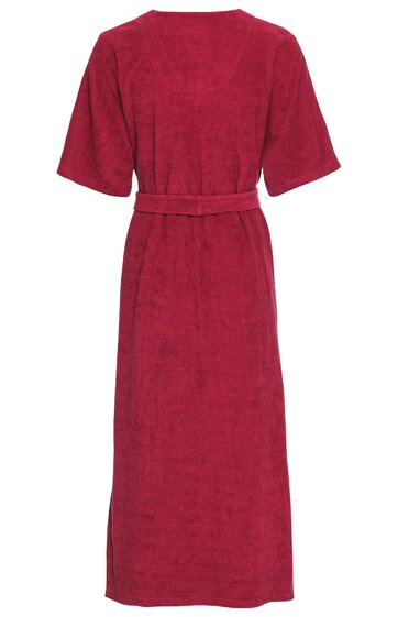 Rotes, knielanges Kleid ohne Muster, kurze Ärmel, Rundhalsausschnitt, mit Gürtel in Taillenhöhe, gerade geschnitten