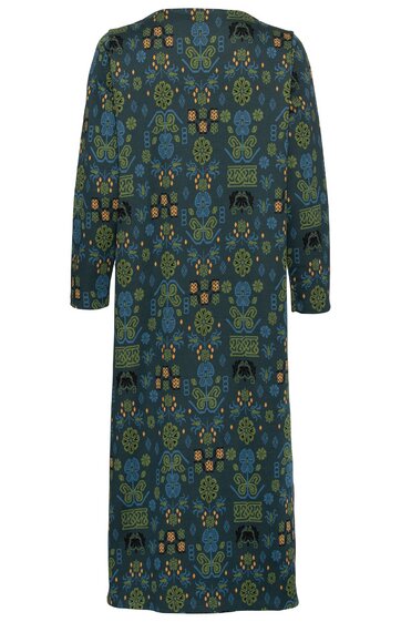Langärmliges Maxikleid in dunkelgrün mit geometrischem und floralen Muster in hellgrün, gelb und orange, rundhals, gerade geschnitten, knöchellang