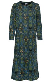 Knielanges Kleid in dunklem Petrolblau mit buntem Blumen- und Ornamentmuster, langer Ärmel, rundem Halsausschnitt, gerade geschnitten