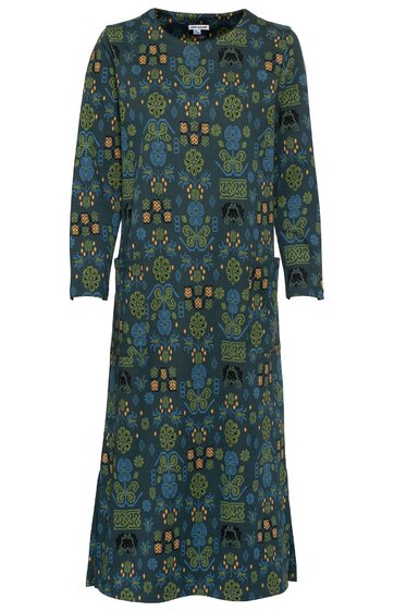 Knielanges Kleid in dunklem Petrolblau mit buntem Blumen- und Ornamentmuster, langer Ärmel, rundem Halsausschnitt, gerade geschnitten