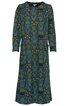Knielanges Kleid in dunklem Petrolblau mit buntem Blumen- und Ornamentmuster, langer Ärmel, rundem Halsausschnitt, gerade geschnitten
