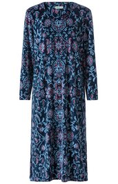 Langärmeliges, midikurz geschnittenes Kleid in Dunkelblau, floral-ornamentales Muster in Hellblau und Rosa, Rundhals, gerade Passform