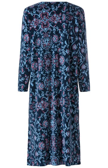 Damenkleid dunkelblau mit floralen hellblauen und rosa Mustern, langärmlig, knie- bis wadenlang, gerade geschnitten, Rundhalsausschnitt