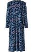 Damenkleid dunkelblau mit floralen hellblauen und rosa Mustern, langärmlig, knie- bis wadenlang, gerade geschnitten, Rundhalsausschnitt