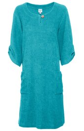 Türkisfarbenes Freizeitkleid, einfarbig, Rundhalsausschnitt mit Knopfdetail, 3/4-Arm mit Aufschlag, aufgesetzte Taschen, locker fallende Form