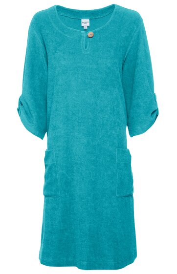 Türkisfarbenes Freizeitkleid, einfarbig, Rundhalsausschnitt mit Knopfdetail, 3/4-Arm mit Aufschlag, aufgesetzte Taschen, locker fallende Form