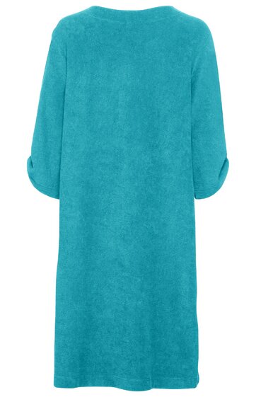 Türkisfarbenes Midikleid ohne Muster, schlichte gerade Form, halblange Ärmel mit Aufschlag, Rundhalsausschnitt, ohne sichtbare Verschlüsse oder Verzierungen