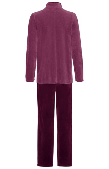 Hausanzug in dunklem purpurrot, langärmliges Oberteil mit Stehkragen, gerade geschnittene lange Hose ohne Muster, entspannte Passform