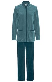 Hausanzug, petrolblau, einfarbig, langärmelige Jacke mit Stehkragen, zwei aufgesetzte Taschen vorne, gerade geschnittene Hose, elastischer Bund