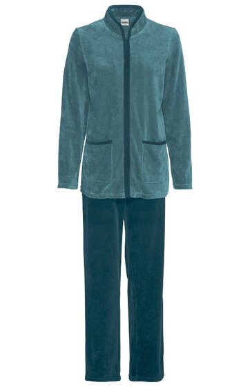 Hausanzug, petrolblau, einfarbig, langärmelige Jacke mit Stehkragen, zwei aufgesetzte Taschen vorne, gerade geschnittene Hose, elastischer Bund