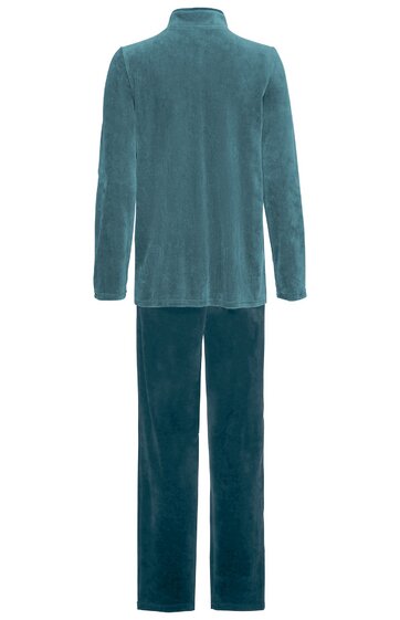 Zweiteiliges Schlafanzug-Set in petrolblau, langärmliges Oberteil mit Stehkragen und gerade geschnittener Hose, schlichtes Design, Rückansicht ohne Muster oder Verzierungen