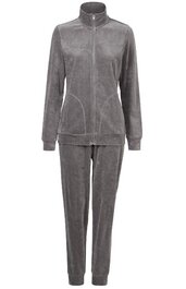Grau melierter Jogginganzug, Jacke mit Stehkragen und durchgehendem Reißverschluss, seitliche Nahttaschen, lange Ärmel mit Bündchen, Hose mit elastischem Bund und Bündchen am Saum