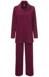 Damen-Schlafanzug bordeauxrot, einfarbig, langärmliges Oberteil mit Rollkragen, gerade geschnitten, weite lange Hose, elastischer Bund